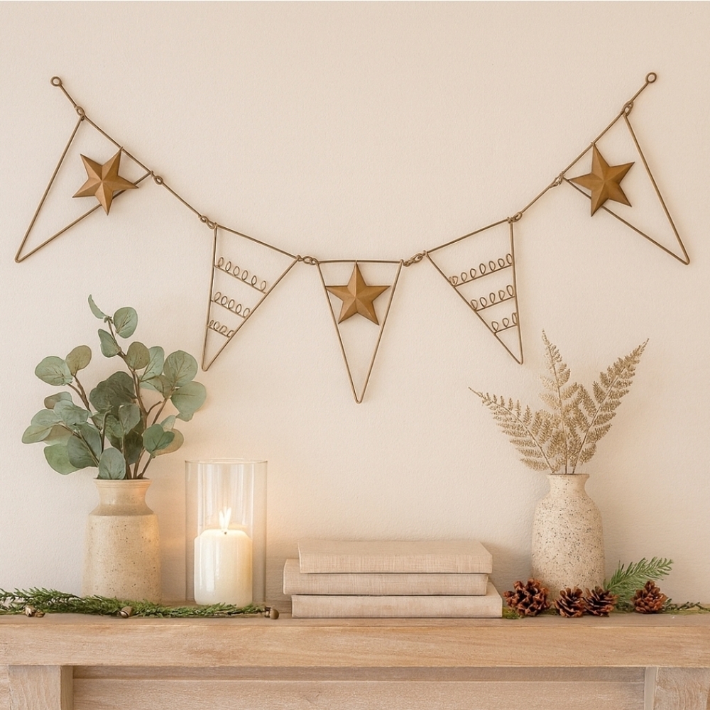Creative Co-Op 35.5” Metal Banner Garland  Antique Brass Stars Farmhouse Holiday